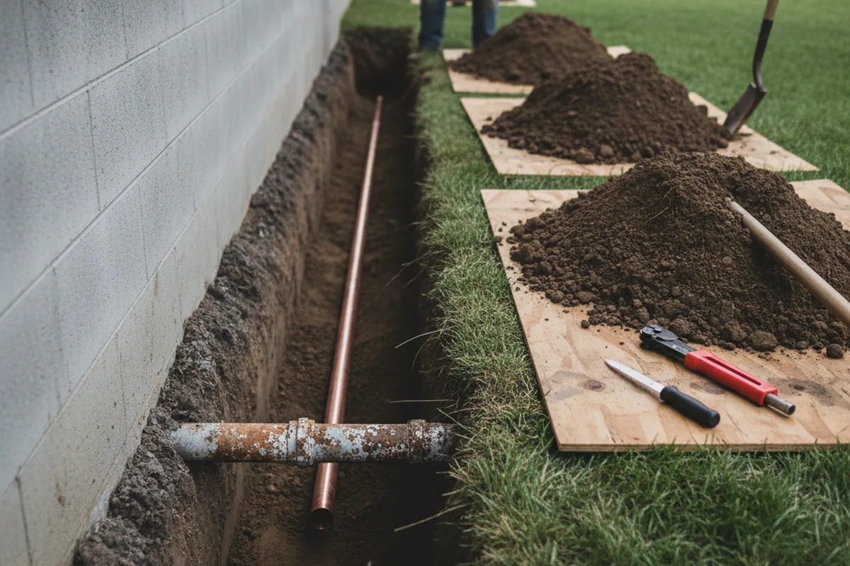 Excavated water line trench during Water Heater Repair in Shamrock